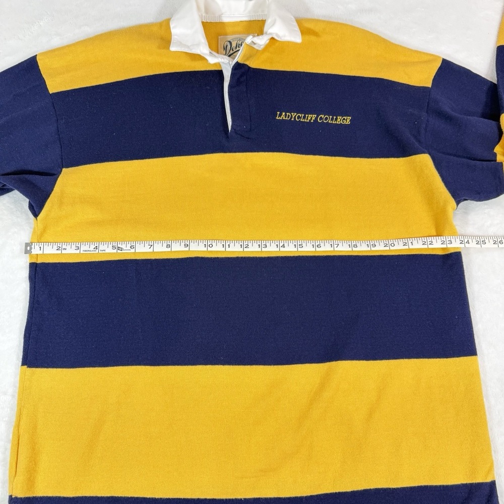 Vtg Dehen Ladycliff College Rugby Polo Shirt Mens LG Colorblock LS Yellow Navy - Picture 9 of 10